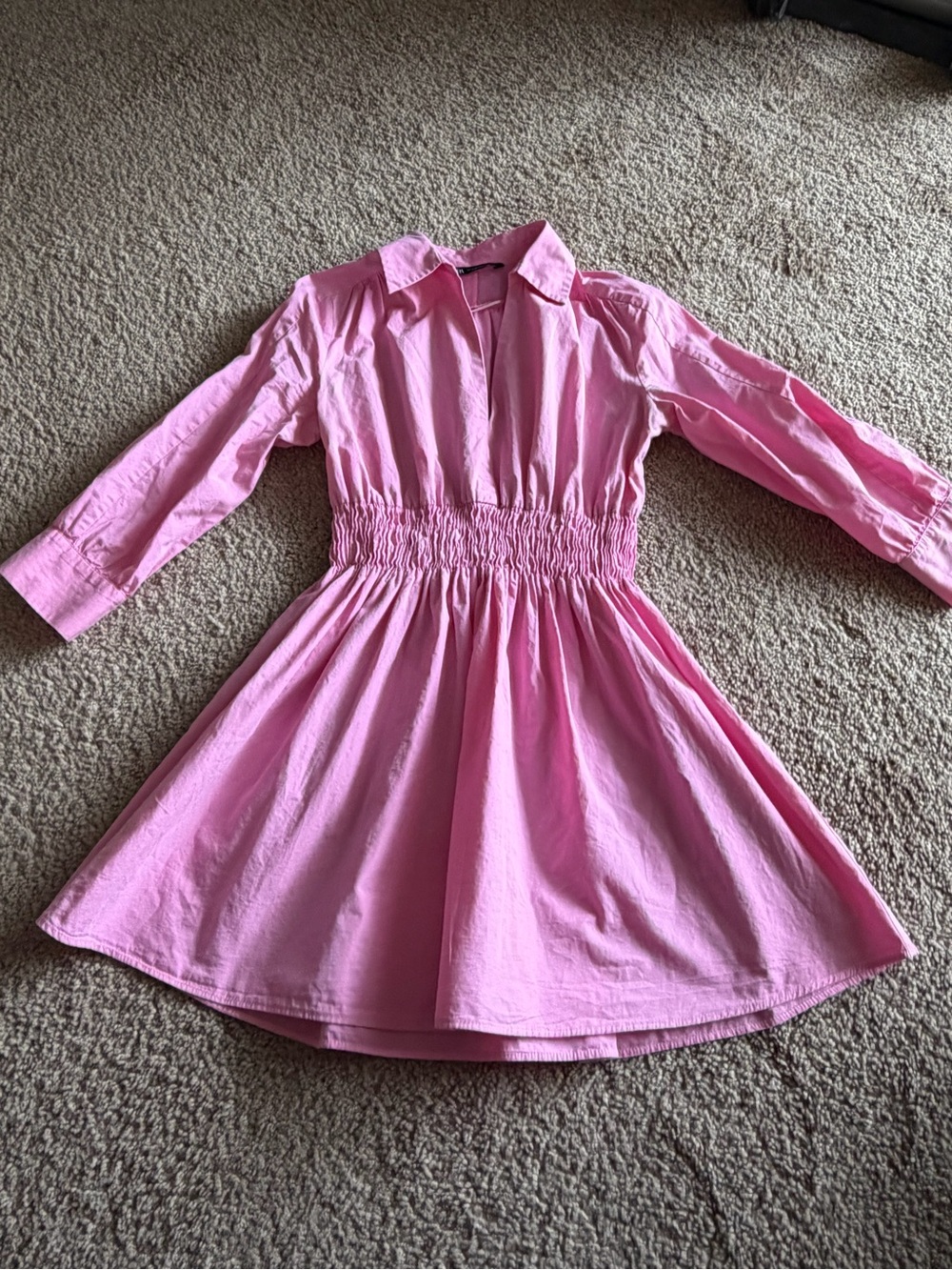 Zara Pink Shirred Waist Poplin Shirt Dress